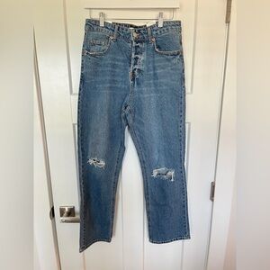 H&M Blue Slim Straight Leg High Rise Jeans with Distressed Knees